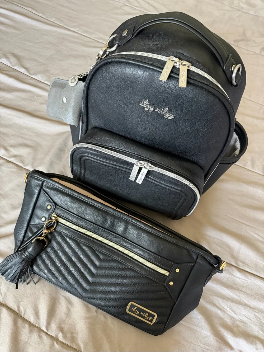 Black Leatherette Backpack and stroller caddy Set